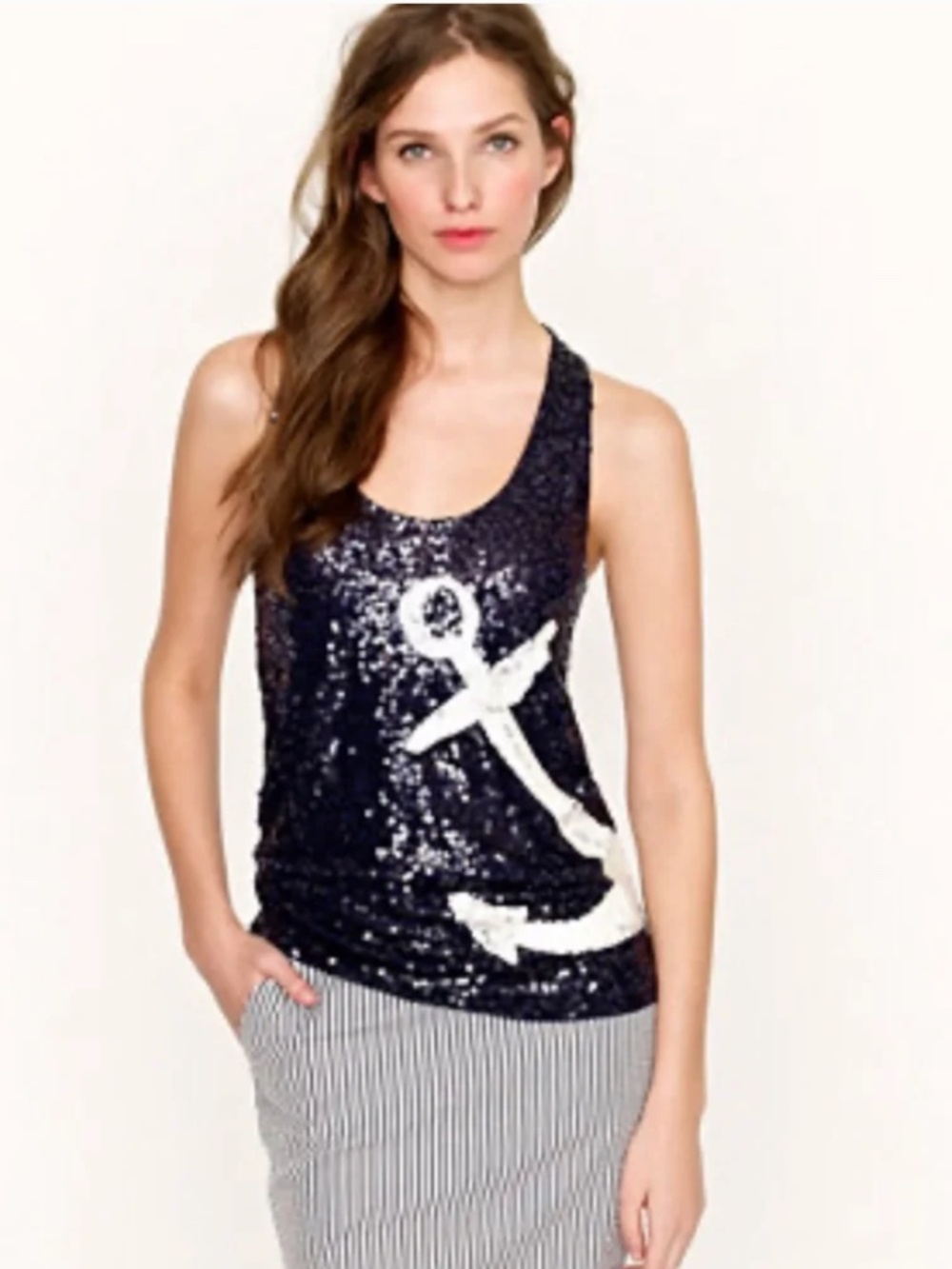 J. Crew Navy Blue &‎ White Sequined Anchor Tank Nautical  XXS